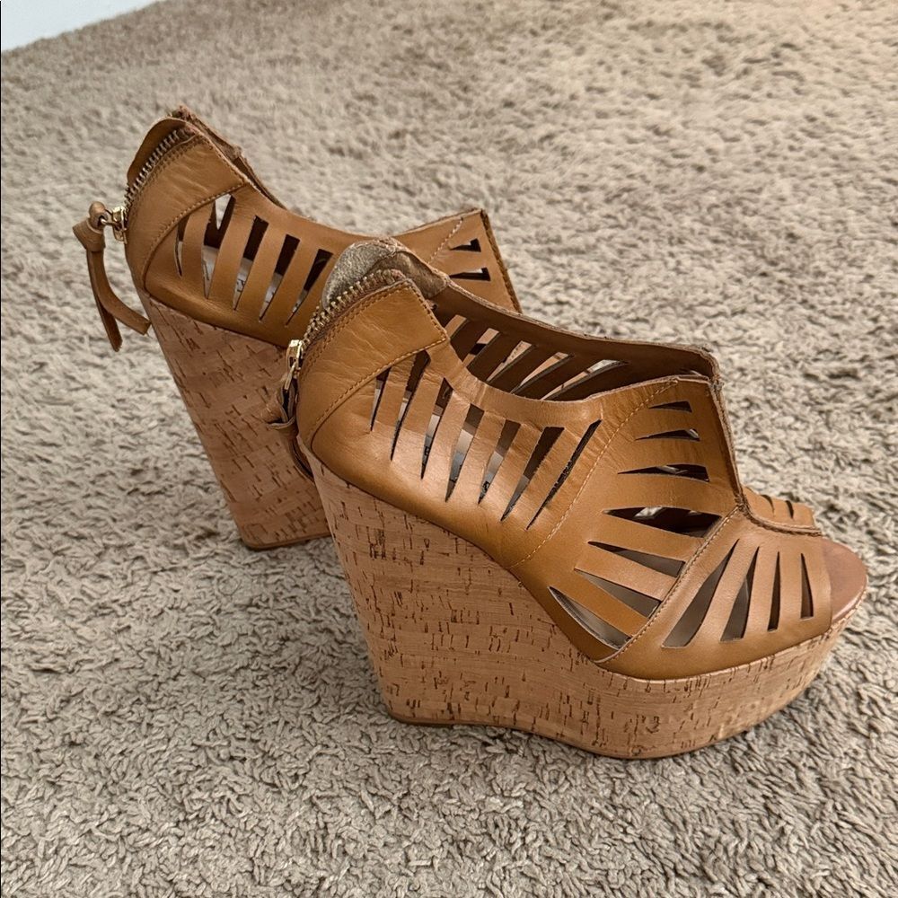 Steve Madden Tan Cutout Leather Cork Platform Wedges - Picture 3 of 5